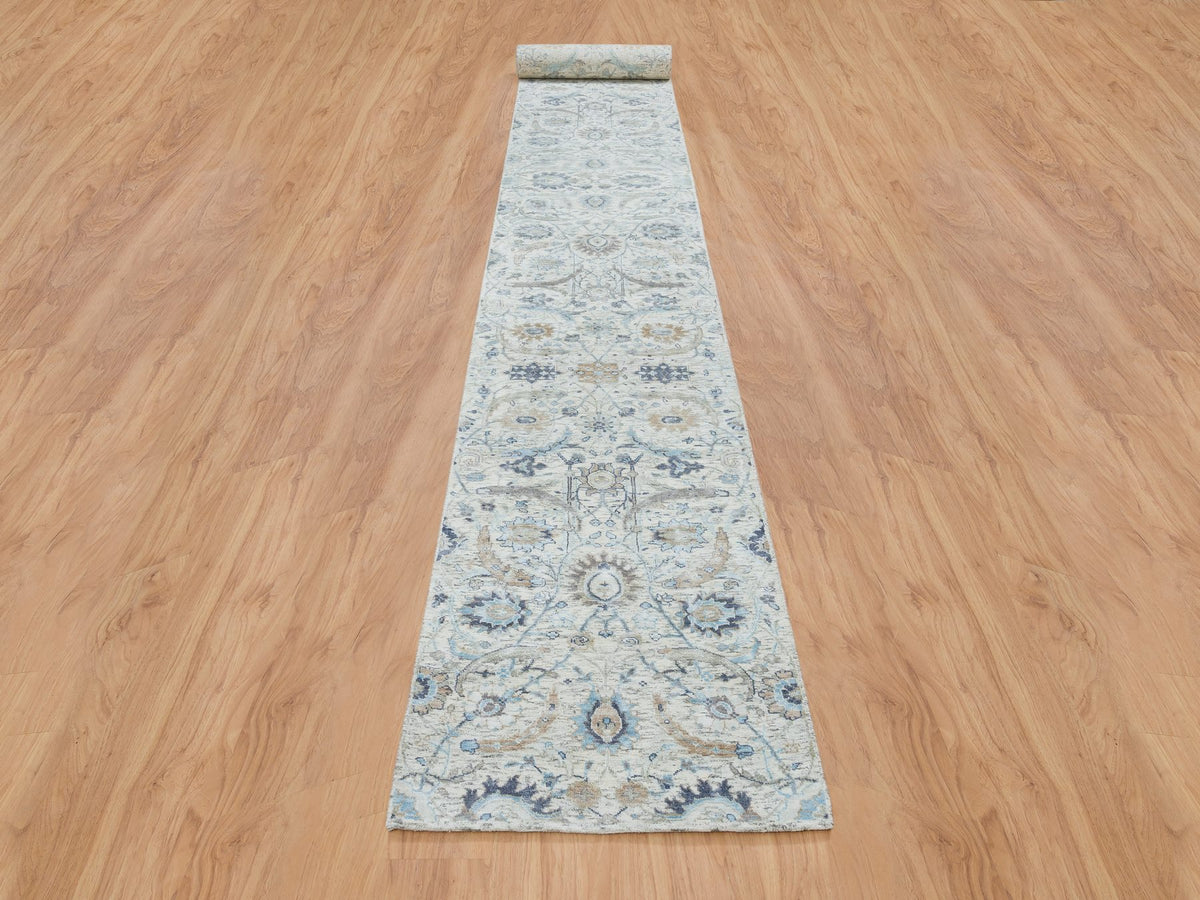 Transitional hand-knotted wool/silk runner in Ivory, 2'6" x 23'10" — SKU O064903 (view 2)