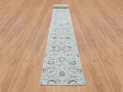 Transitional hand-knotted wool/silk runner in Ivory, 2'6" x 23'10" — SKU O064903 (view 2)