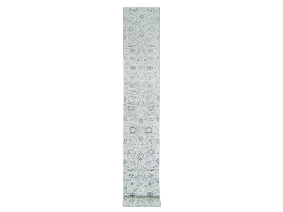 Transitional hand-knotted wool/silk runner in Ivory, 2'7" x 22' — SKU O064904