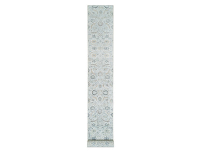 Transitional hand-knotted wool/silk runner in Ivory, 2'7" x 22' — SKU O064904