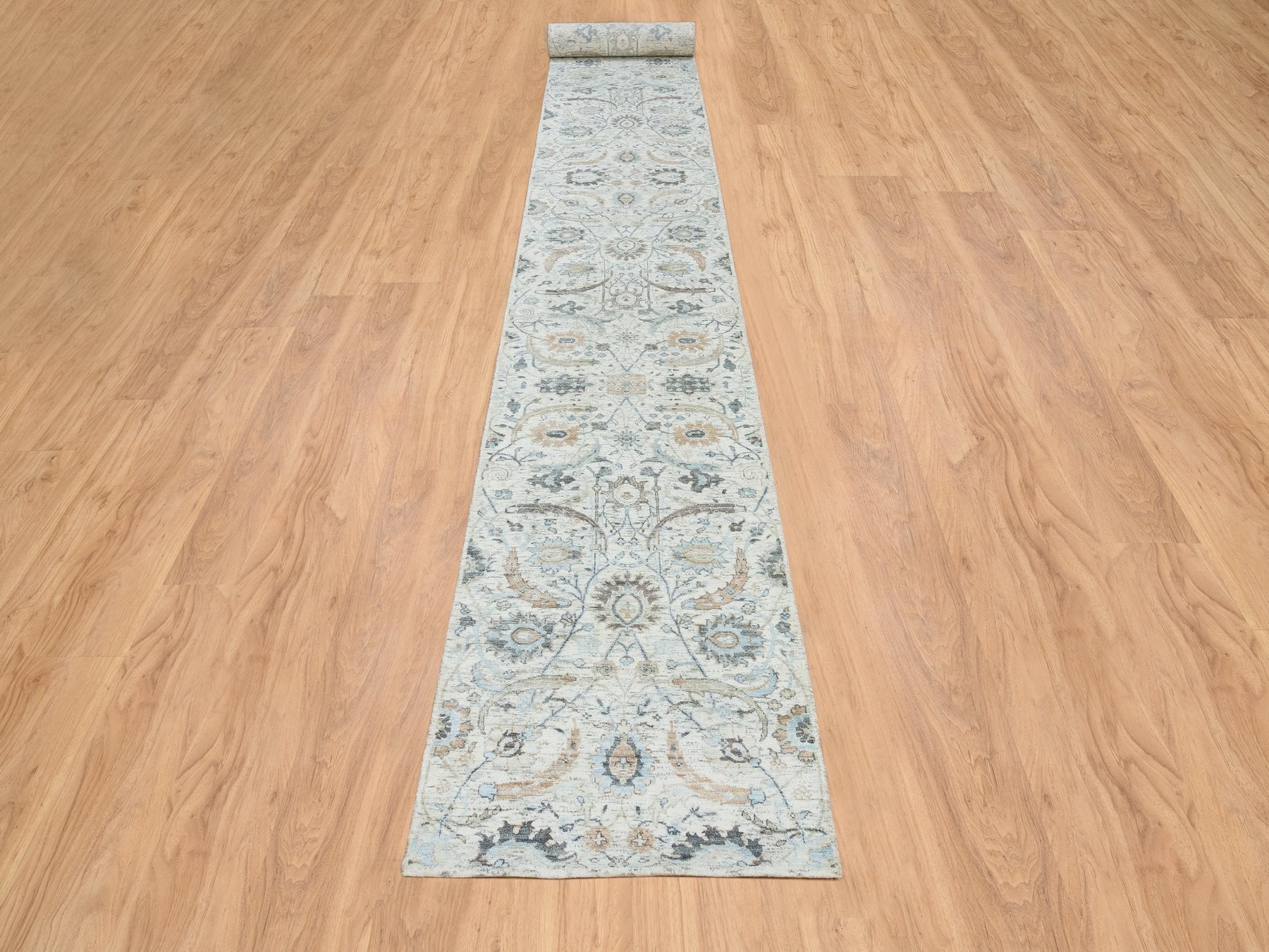 Transitional hand-knotted wool/silk runner in Ivory, 2'7" x 22' — SKU O064904 (view 2)