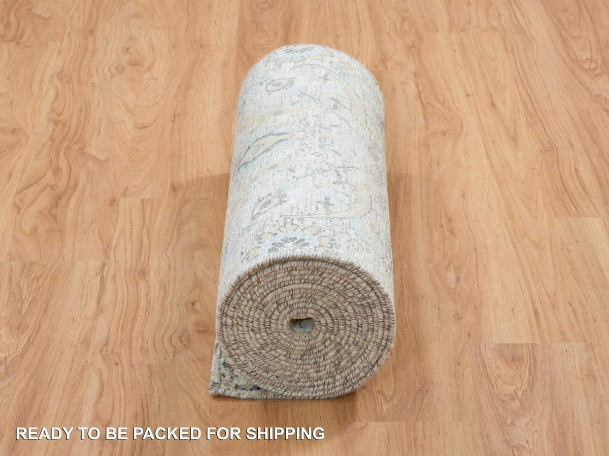 Transitional hand-knotted wool/silk runner in Ivory, 2'7" x 22' — SKU O064904 (view 6)