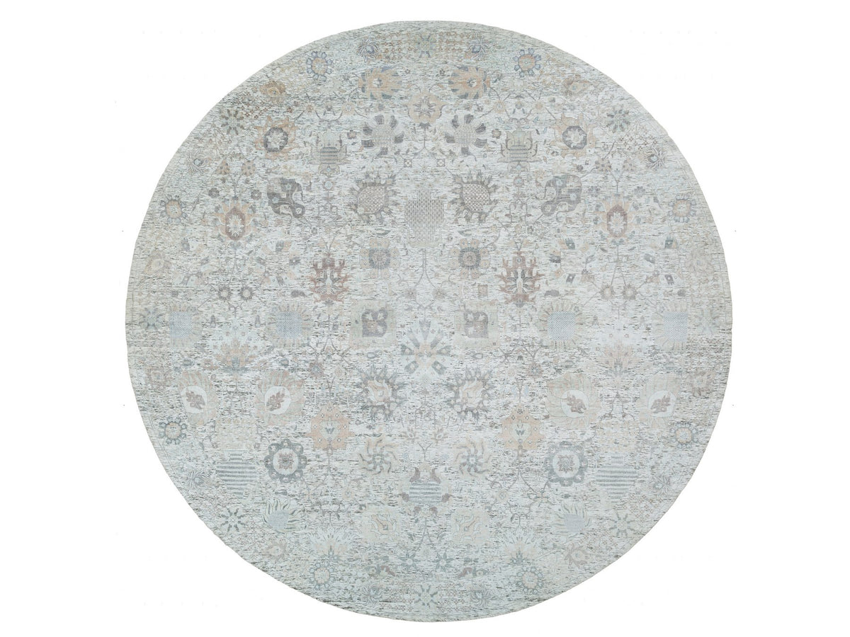 Tabriz Transitional hand-knotted silk rug in Ivory, 14' x 14' — SKU O064911