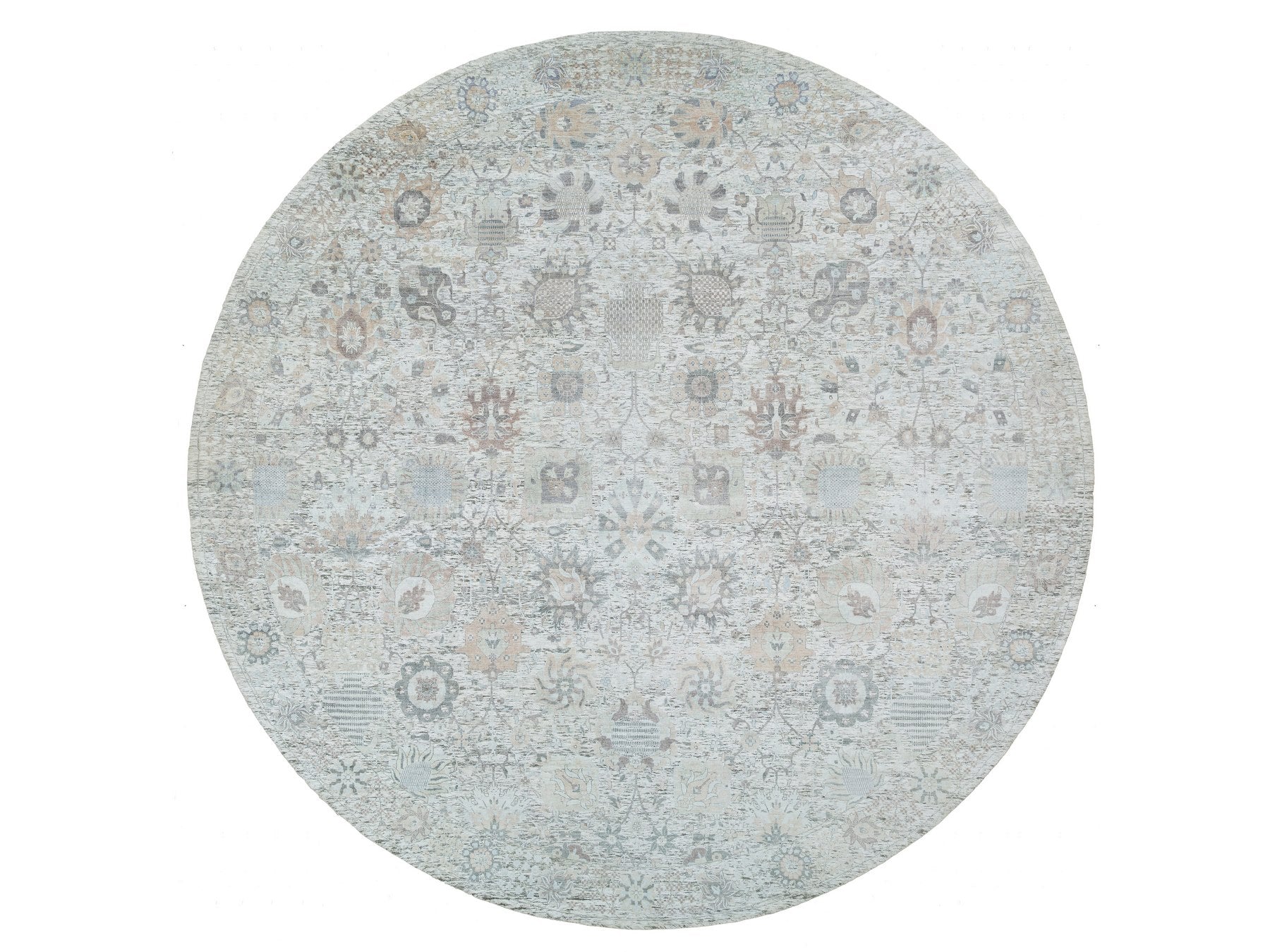 Tabriz Transitional hand-knotted silk rug in Ivory, 14' x 14' — SKU O064911