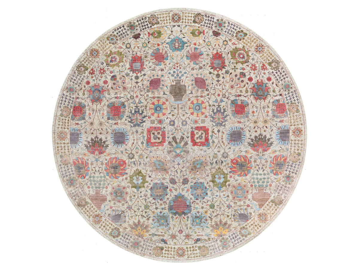 Tabriz Transitional hand-knotted wool/silk rug in Multicolored & Tan, 14' x 14' — SKU O064912