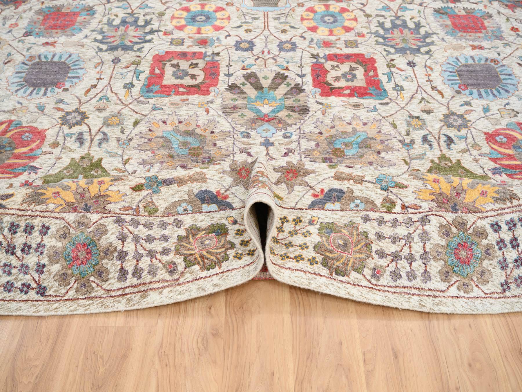 Tabriz Transitional hand-knotted wool/silk rug in Multicolored & Tan, 14' x 14' — SKU O064912 (view 5)