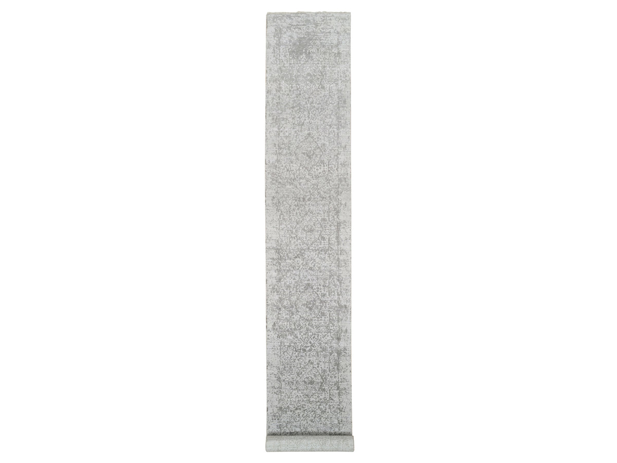 Transitional hand-knotted wool/silk runner in Gray, 2'7" x 20' — SKU O065021