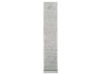 Transitional hand-knotted wool/silk runner in Gray, 2'7" x 20' — SKU O065021