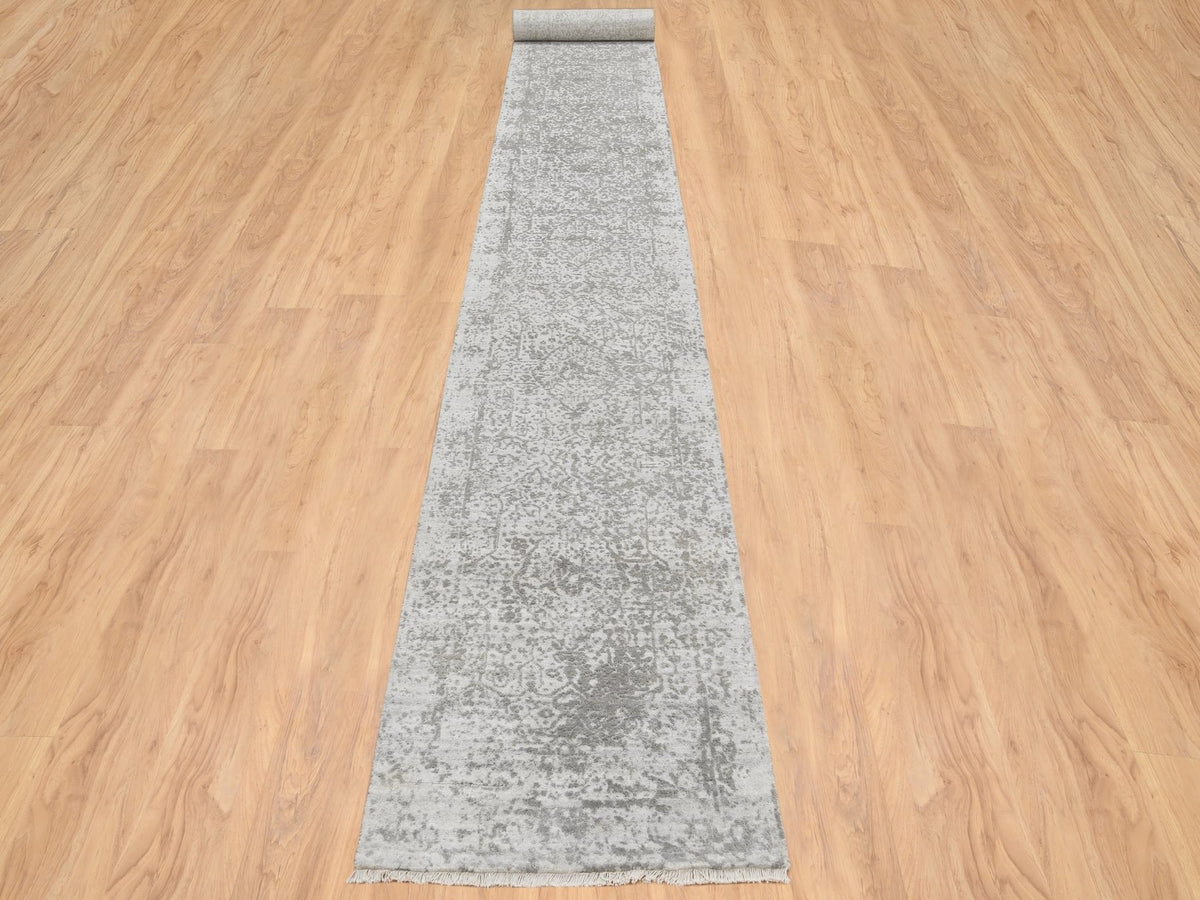 Transitional hand-knotted wool/silk runner in Gray, 2'7" x 20' — SKU O065021 (view 2)
