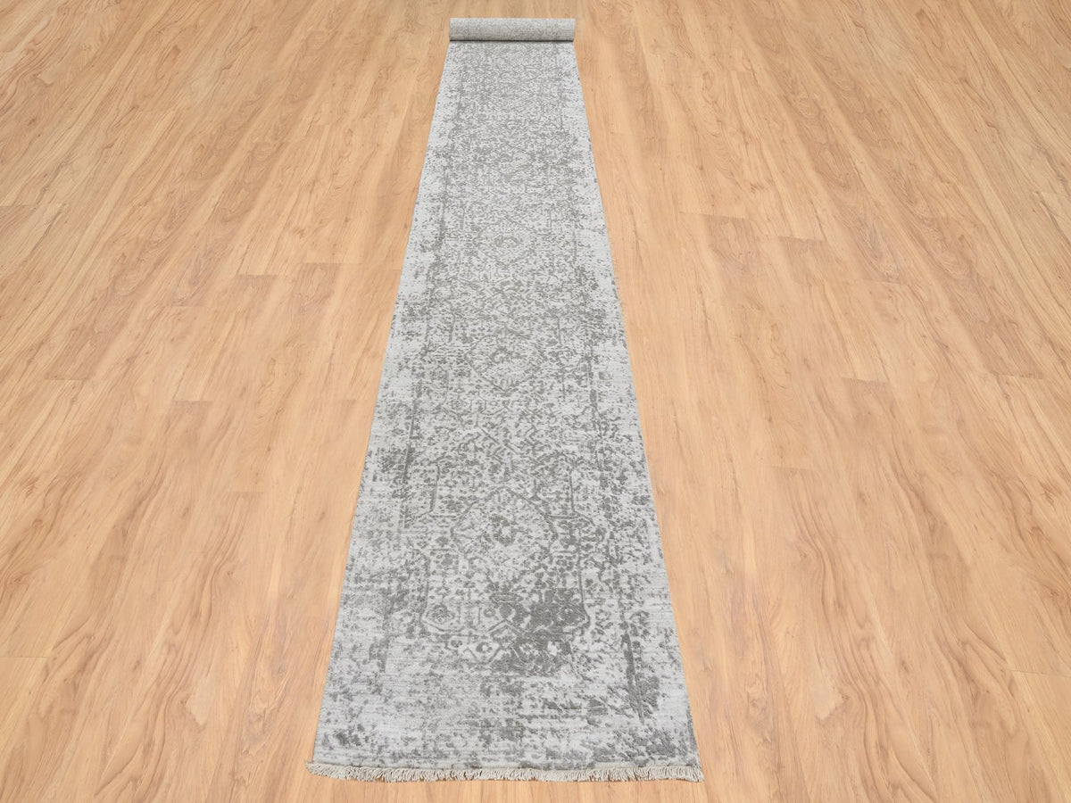 Transitional hand-knotted wool/silk runner in Gray, 2'7" x 17'7" — SKU O065022 (view 2)