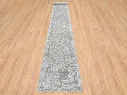 Transitional hand-knotted wool/silk runner in Gray, 2'7" x 17'7" — SKU O065022 (view 2)