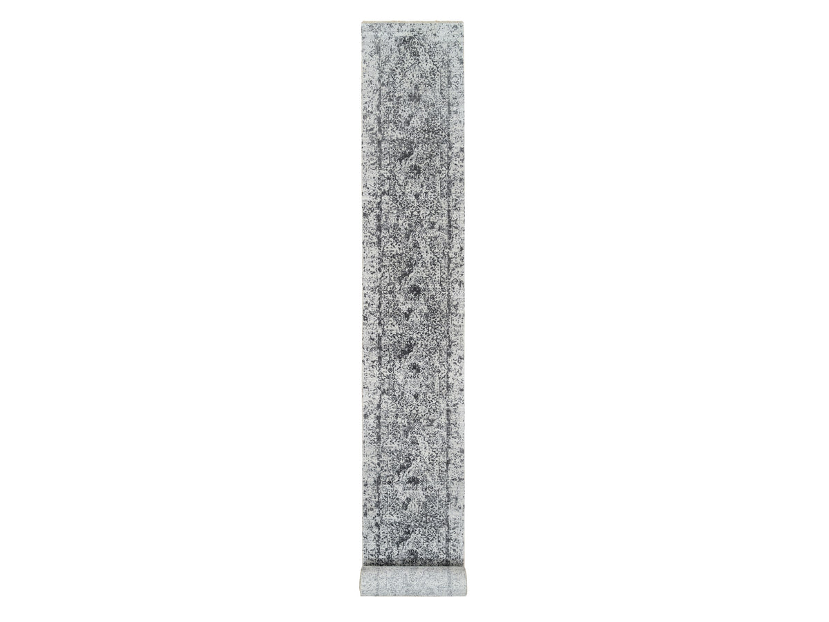 Transitional hand-knotted wool/silk runner in Gray, 2'7" x 23'9" — SKU O065023