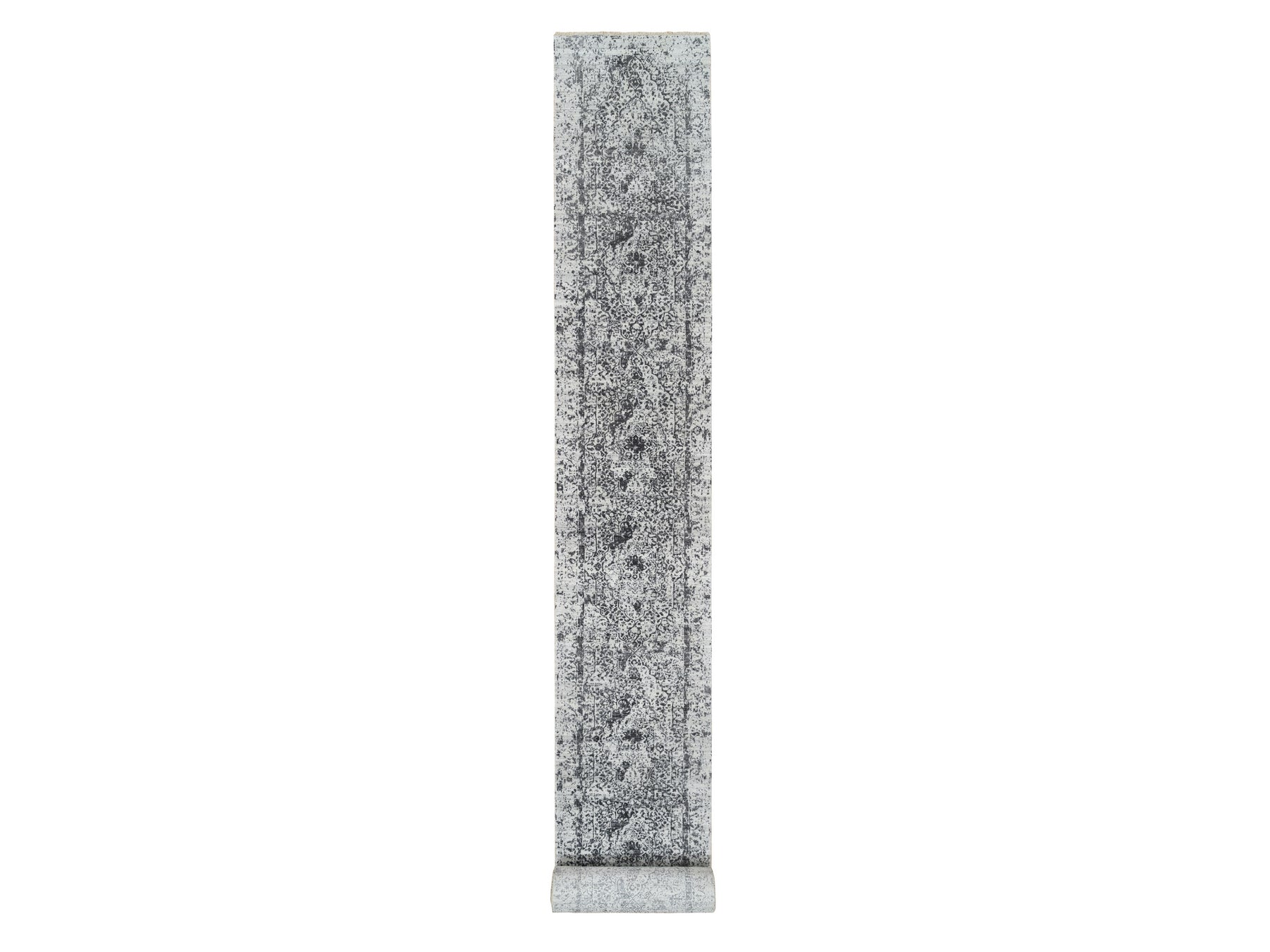 Transitional hand-knotted wool/silk runner in Gray, 2'7" x 23'9" — SKU O065023