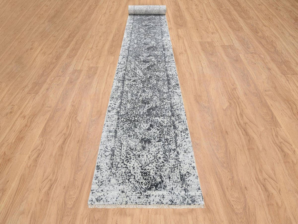 Transitional hand-knotted wool/silk runner in Gray, 2'7" x 23'9" — SKU O065023 (view 2)