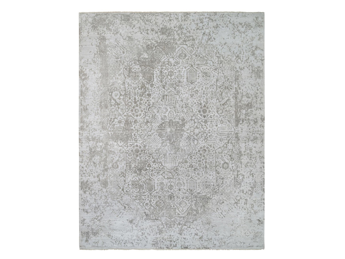 Transitional hand-knotted wool/silk rug in Gray, 11'9" x 15' — SKU O065039