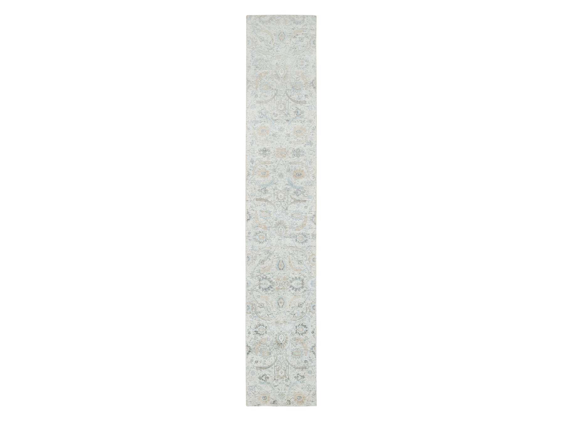 Transitional hand-knotted wool/silk runner in Ivory, 2'6" x 14'2" — SKU O065174