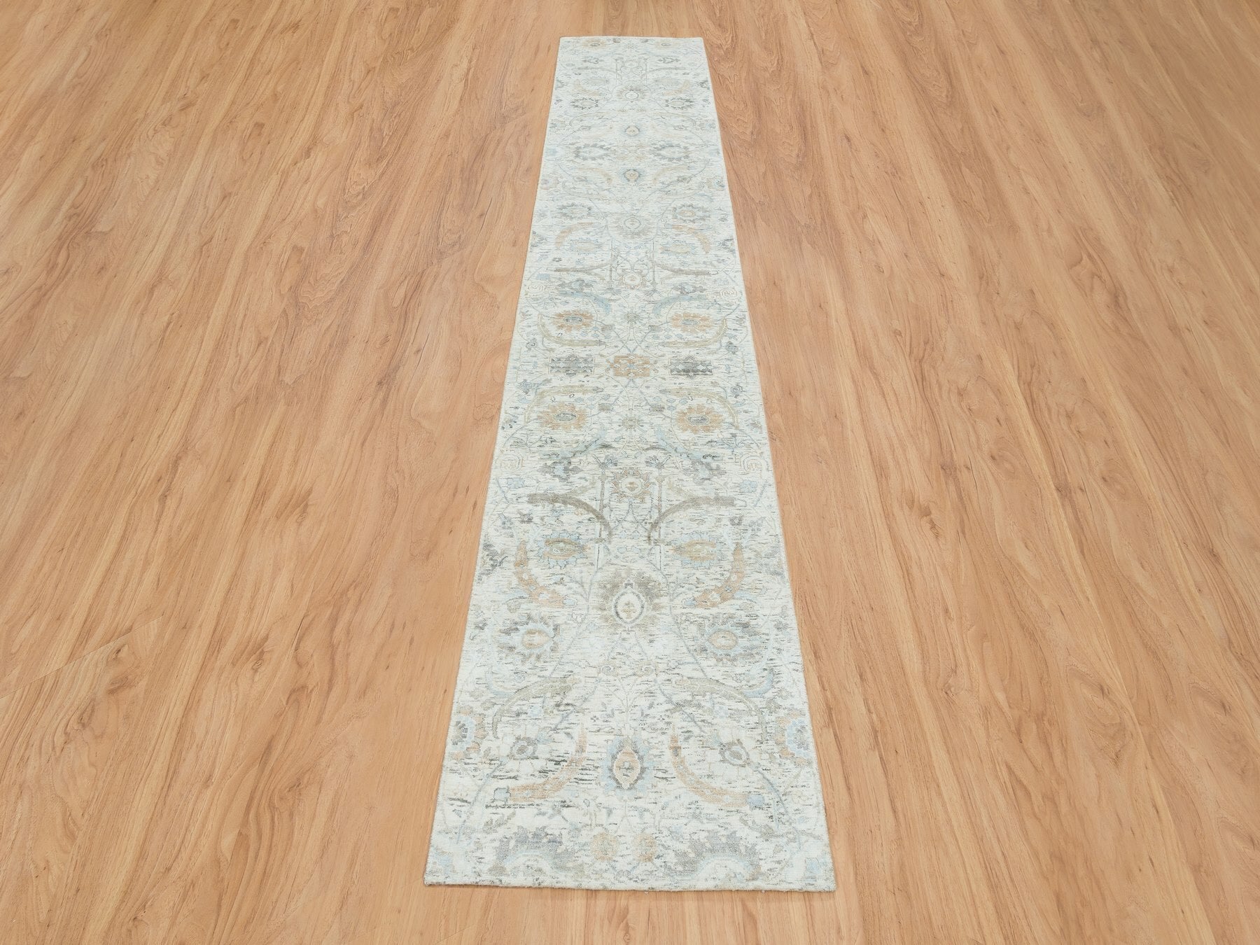 Transitional hand-knotted wool/silk runner in Ivory, 2'6" x 14'2" — SKU O065174 (view 2)