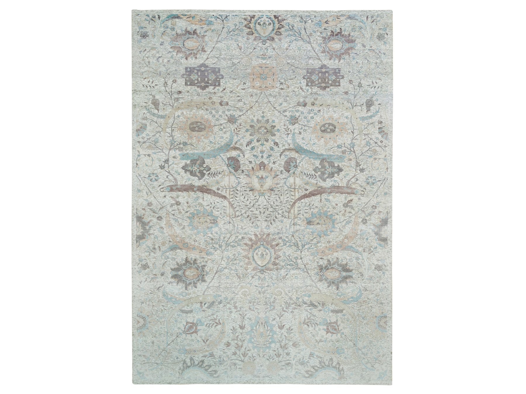 Transitional hand-knotted wool/silk rug in Ivory, 12'1" x 18' — SKU O065178