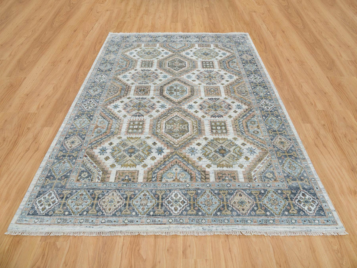 Tribal & Geometric hand-knotted wool rug in Ivory & Blue, 7'10" x 10' — SKU O065185 (view 2)