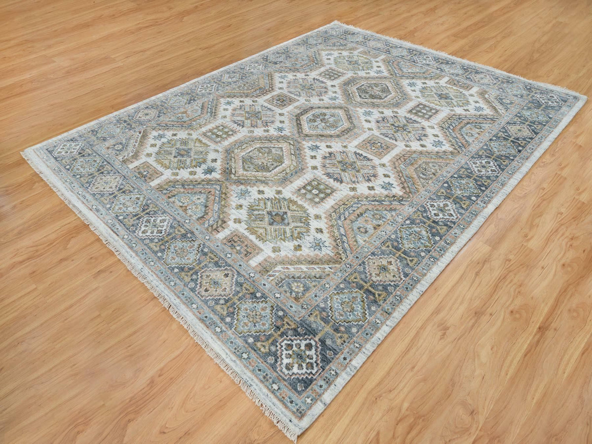 Tribal & Geometric hand-knotted wool rug in Ivory & Blue, 7'10" x 10' — SKU O065185 (view 3)