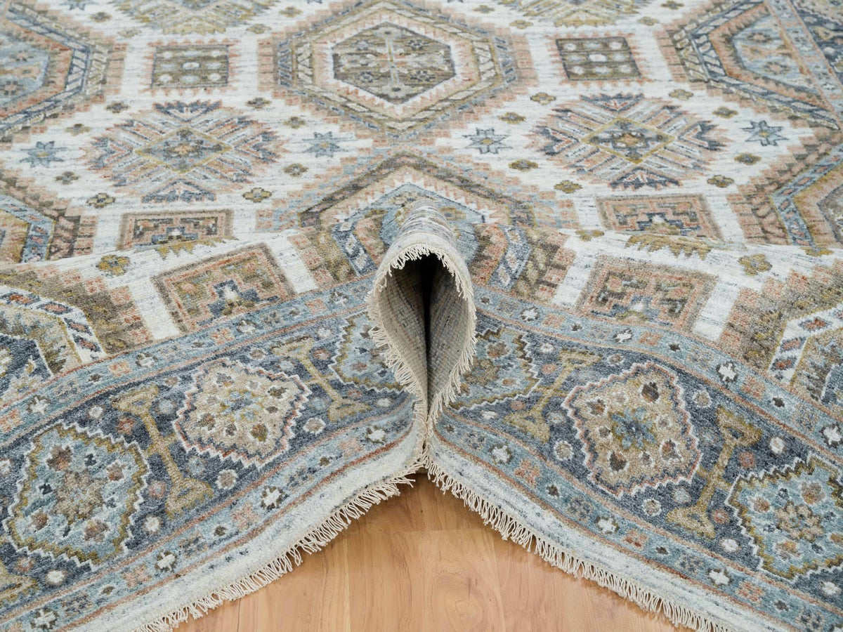 Tribal & Geometric hand-knotted wool rug in Ivory & Blue, 7'10" x 10' — SKU O065185 (view 5)