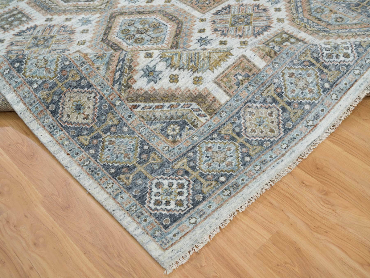 Tribal & Geometric hand-knotted wool rug in Ivory & Blue, 7'10" x 10' — SKU O065185 (view 6)
