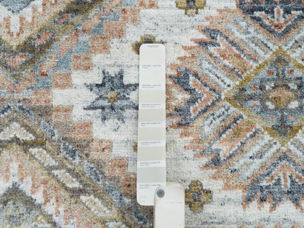 Tribal & Geometric hand-knotted wool rug in Ivory & Blue, 7'10" x 10' — SKU O065185 (view 7)