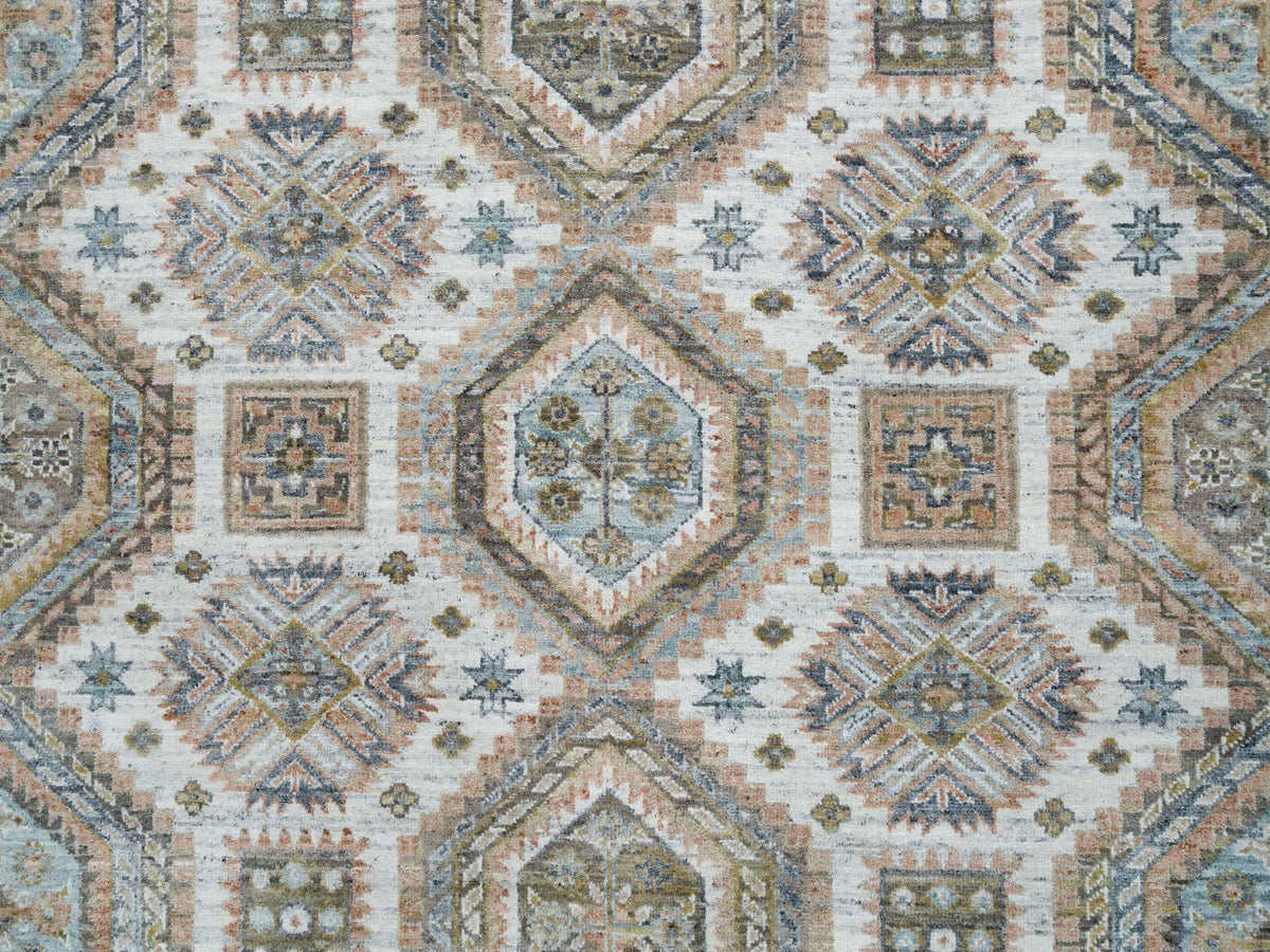 Tribal & Geometric hand-knotted wool rug in Ivory & Blue, 7'10" x 10' — SKU O065185 (view 8)