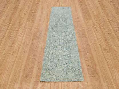Blue 2'6" x 10'0" Transitional Handloom Wool/Silk Rug - Sku: O065192