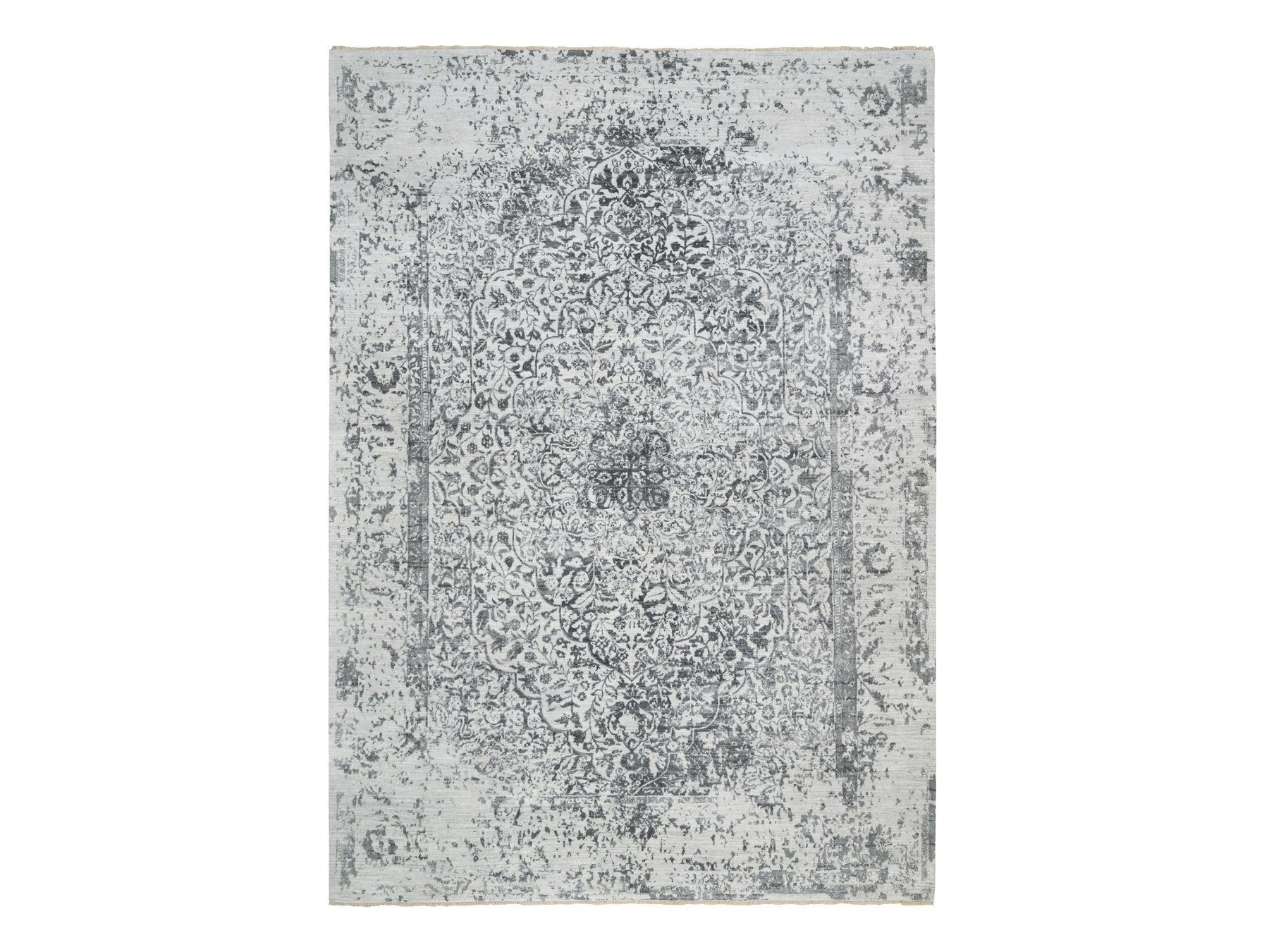 Transitional hand-knotted wool/silk rug in Gray, 9'10" x 14' — SKU O065206