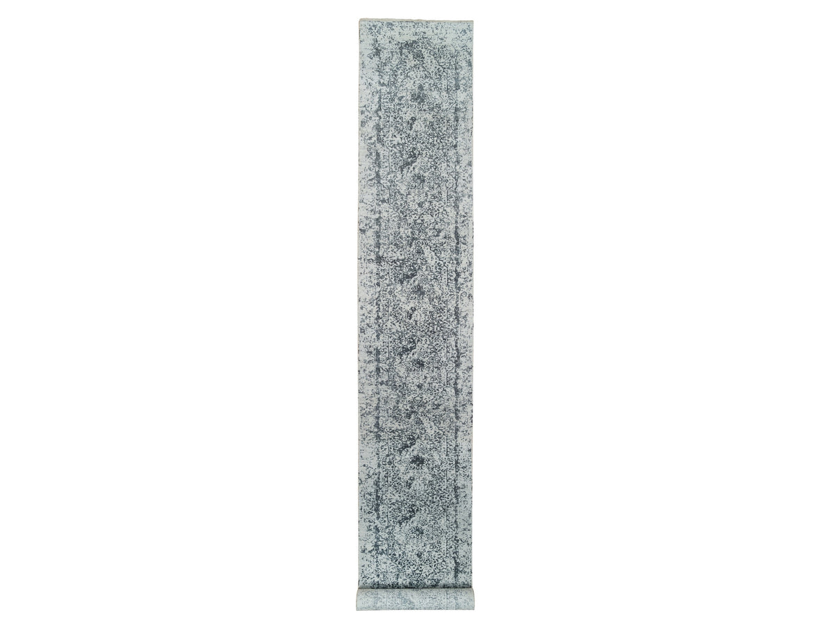 Transitional hand-knotted wool/silk runner in Gray, 2'8" x 20' — SKU O065214