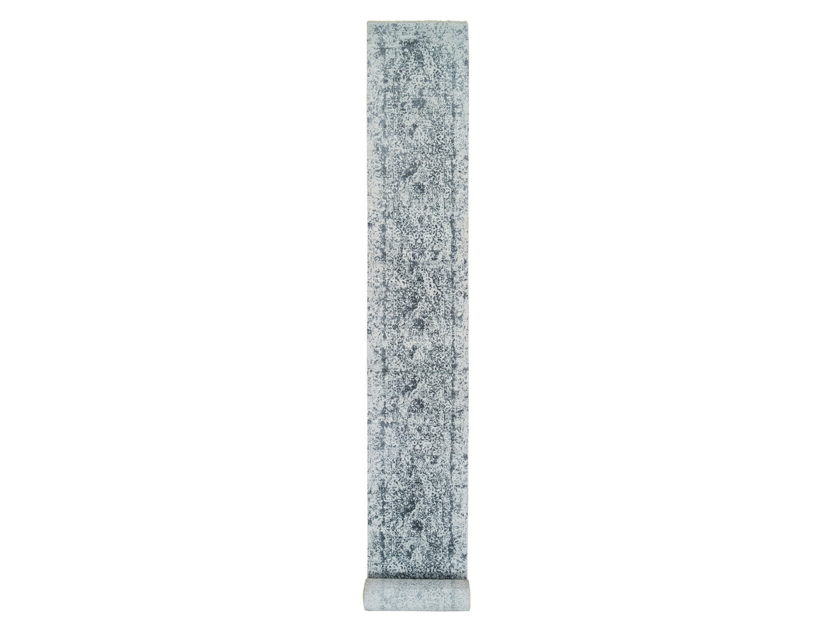 Transitional hand-knotted wool/silk runner in Gray, 2'7" x 25'8" — SKU O065215