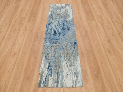 Blue 2'7" x 8'1" Modern and Contemporary Hand knotted Wool/Silk Rug - Sku: O065216