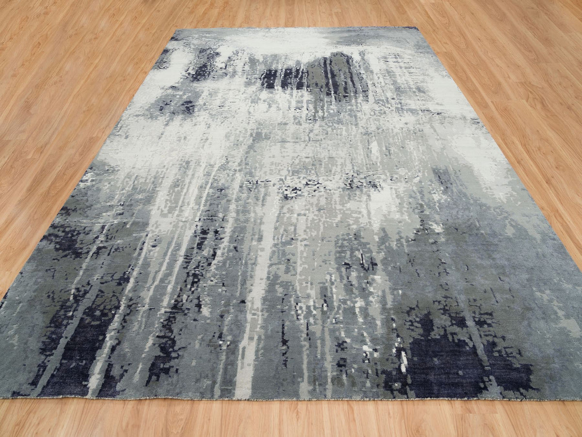 Modern / Contemporary hand-knotted wool/silk rug in Black, 10'1" x 14'1" — SKU O065220 (view 2)