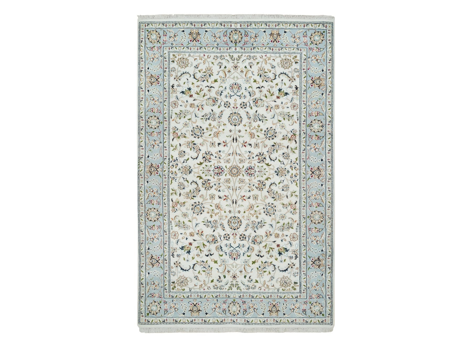 Nain Fine Oriental hand-knotted wool rug in Ivory & Light Blue, 5' x 8' — SKU O065302