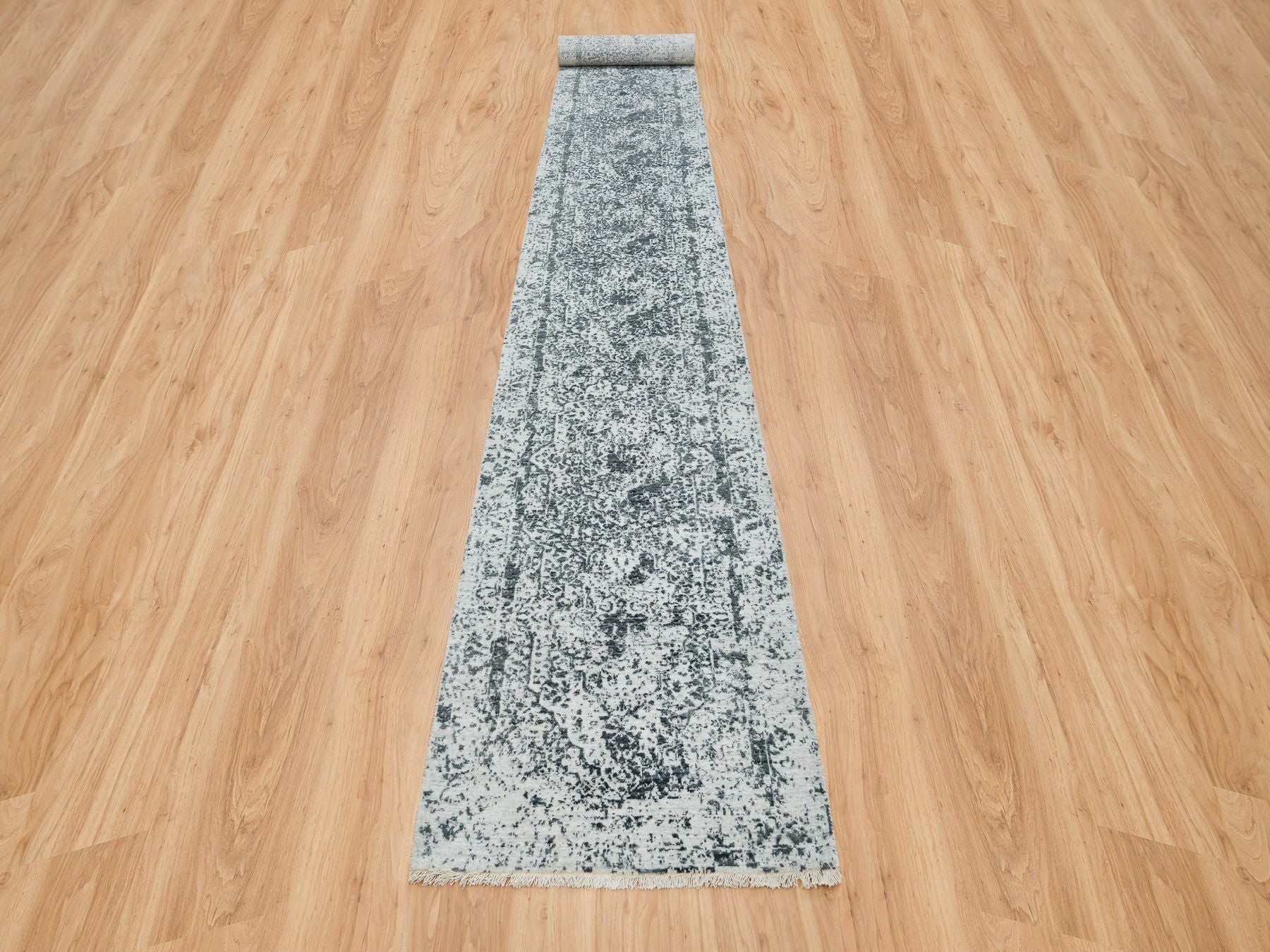 Transitional hand-knotted wool/silk runner in Gray, 2'8" x 21'8" — SKU O065445 (view 2)