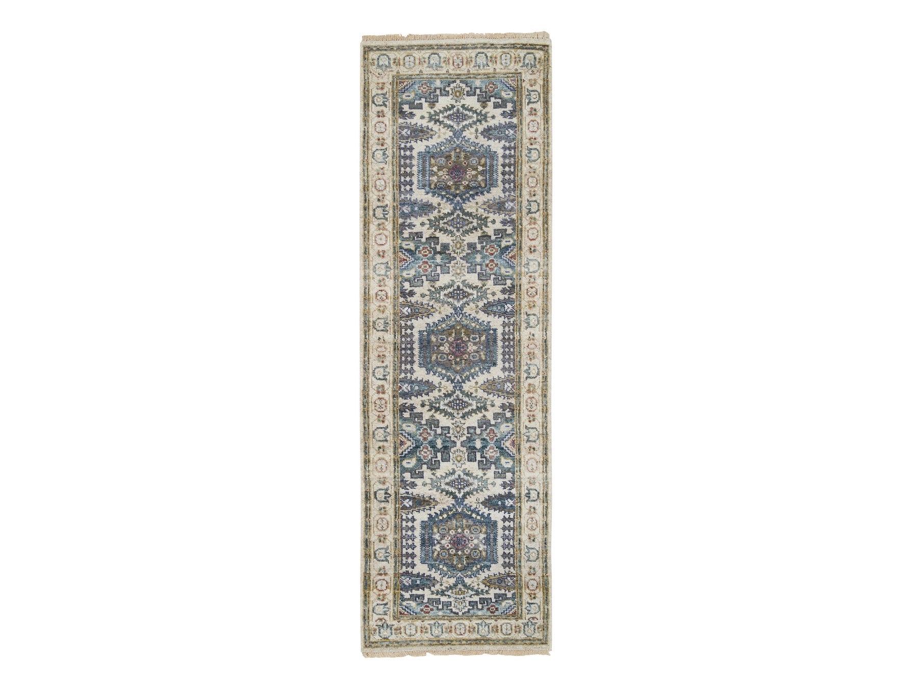 Tribal & Geometric hand-knotted wool runner in Ivory, 2'5" x 8'1" — SKU O065446