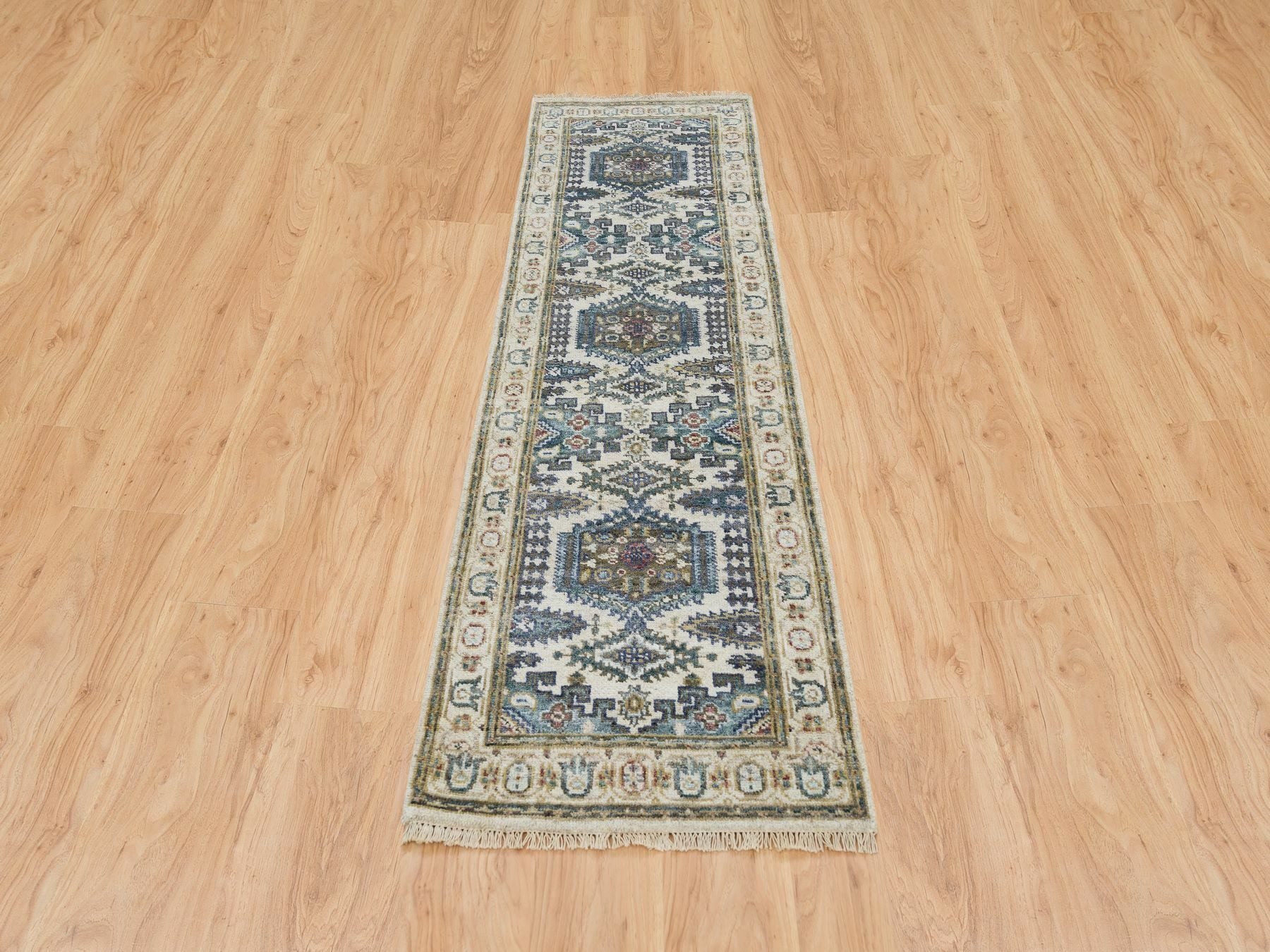 Tribal & Geometric hand-knotted wool runner in Ivory, 2'5" x 8'1" — SKU O065446 (view 2)