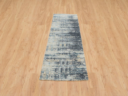 Blue 2'6" x 7'9" Modern and Contemporary Hand knotted Wool/Silk Rug - Sku: O065450