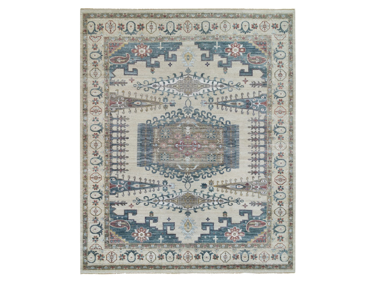 Tribal & Geometric hand-knotted wool rug in Ivory, 13'10" x 16'2" — SKU O065456