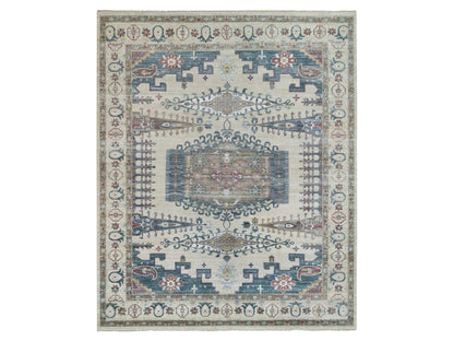 Tribal & Geometric hand-knotted wool rug in Ivory, 13'10" x 16'2" — SKU O065456