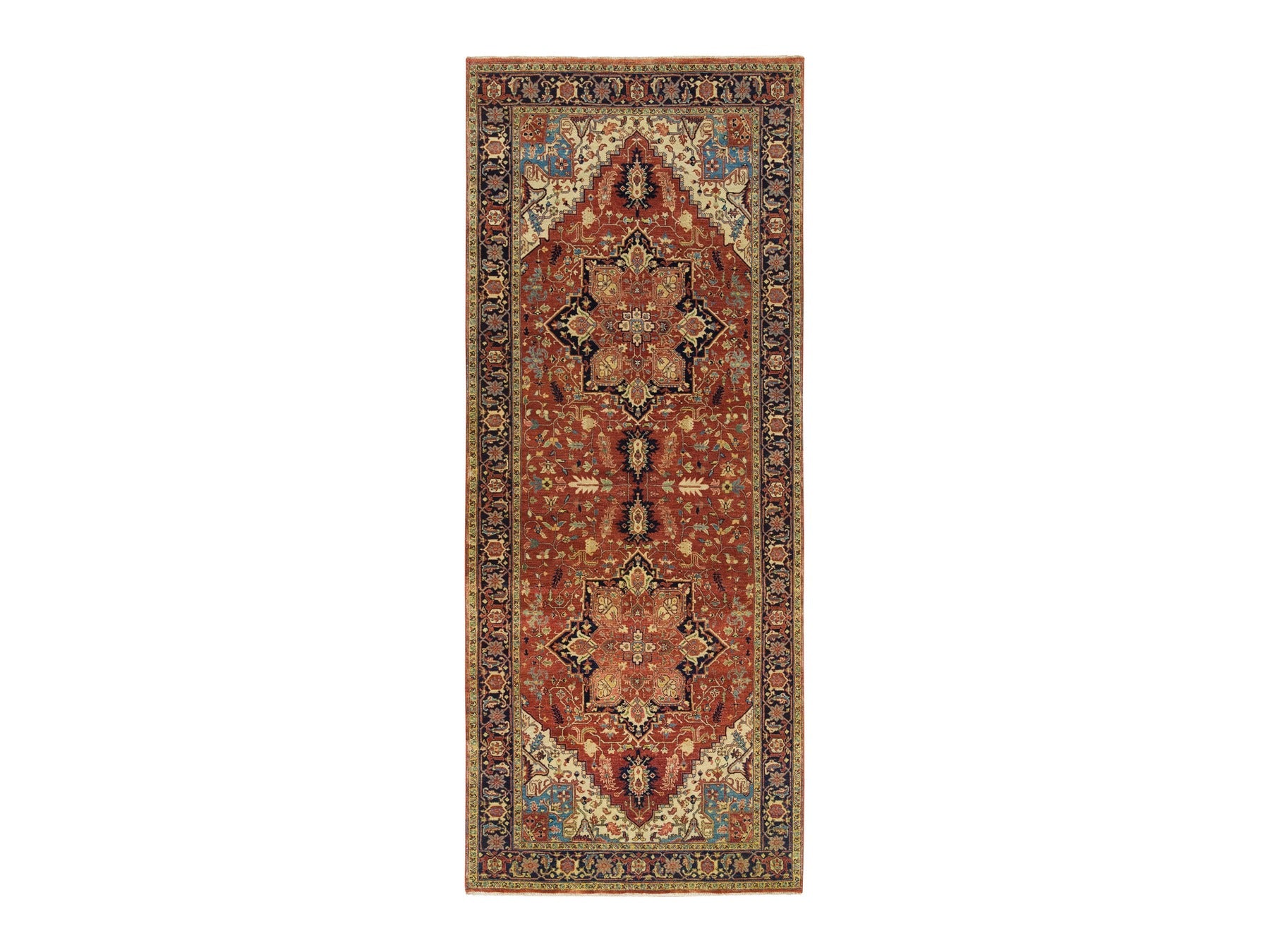 Heriz Heriz hand-knotted wool runner in Red & Navy Blue, 4' x 10'1" — SKU O065463