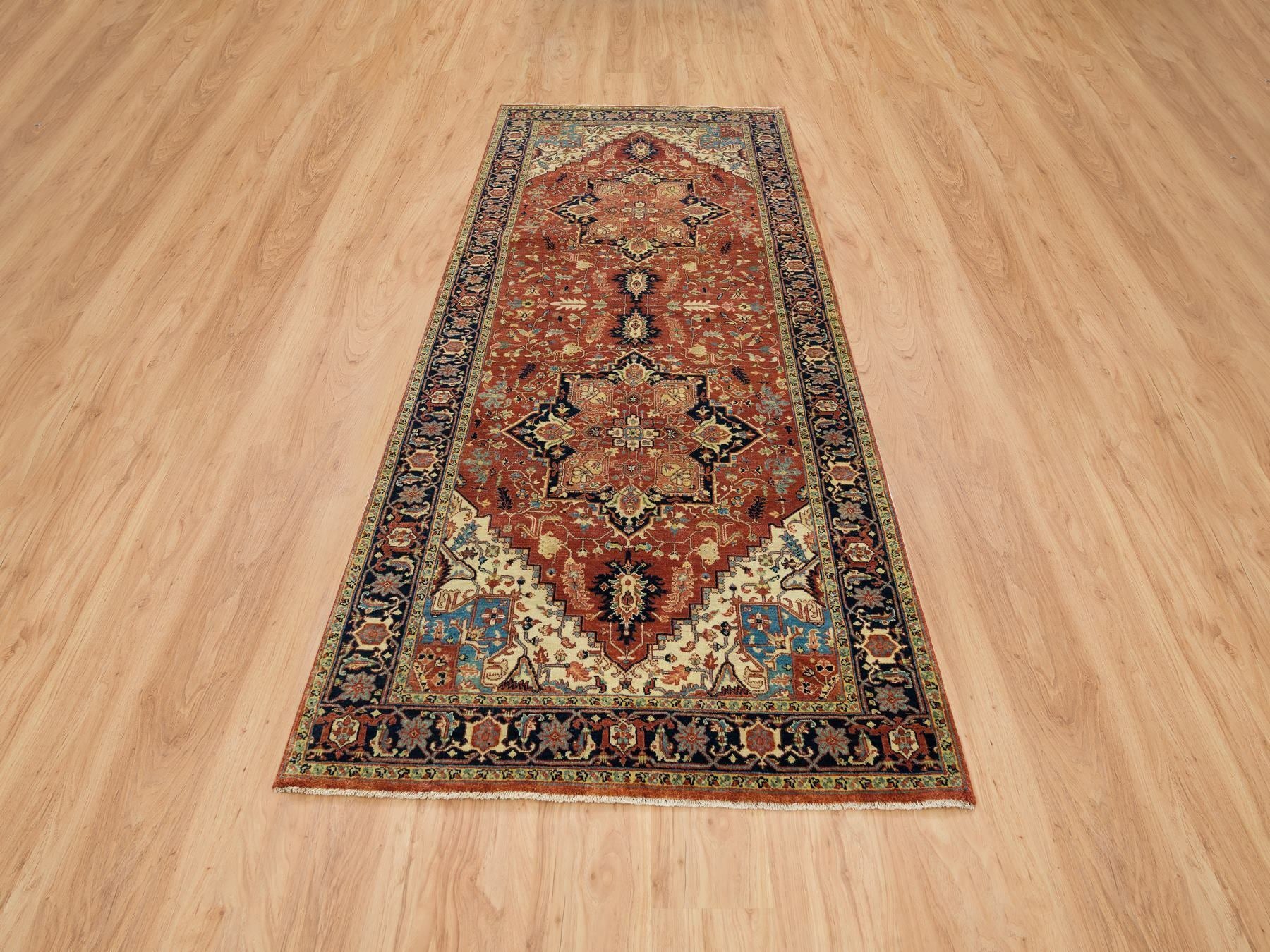 Heriz Heriz hand-knotted wool runner in Red & Navy Blue, 4' x 10'1" — SKU O065463 (view 2)