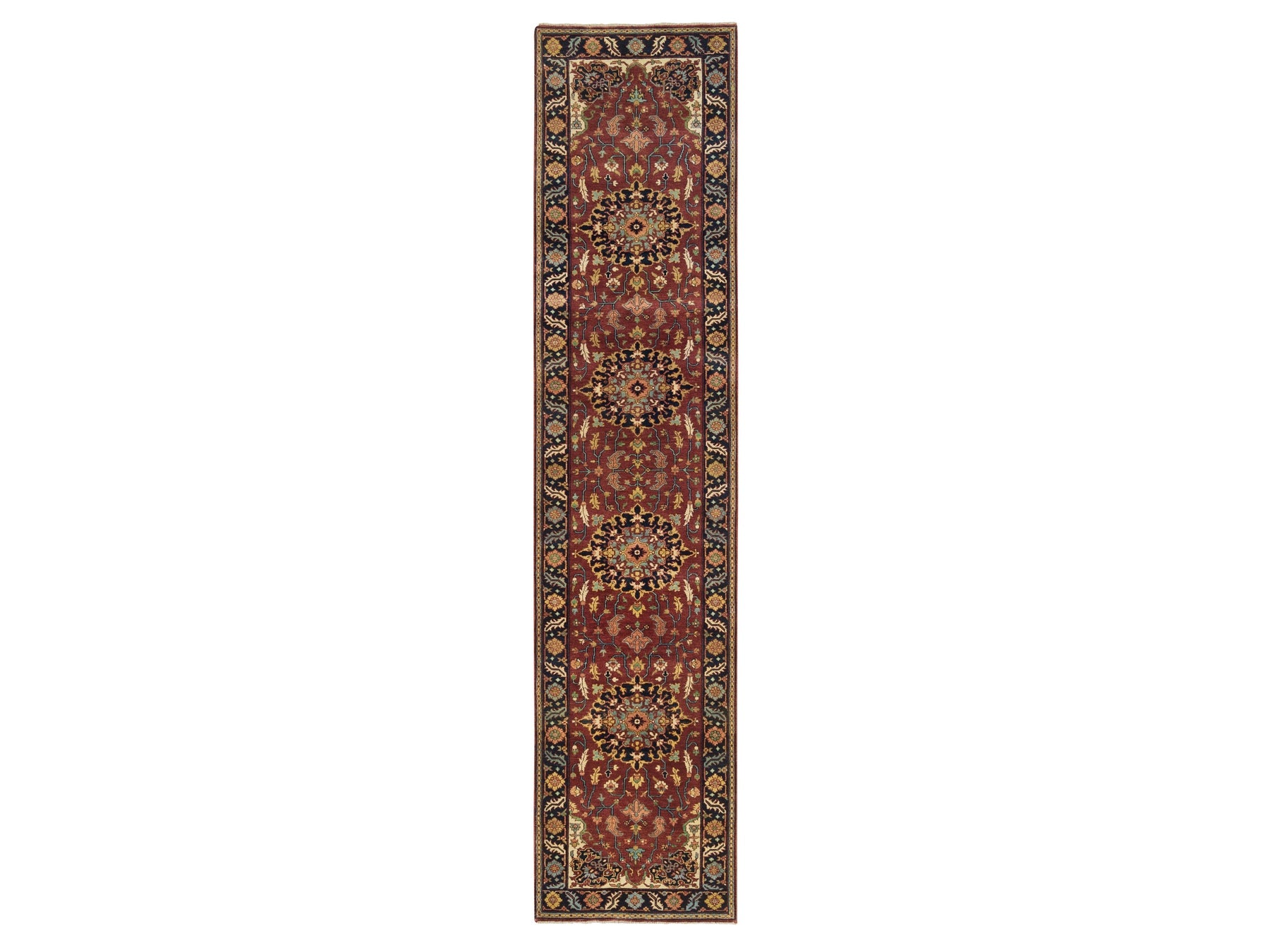Sarouk Heriz hand-knotted wool runner in Red & Navy Blue, 2'8" x 12' — SKU O065471