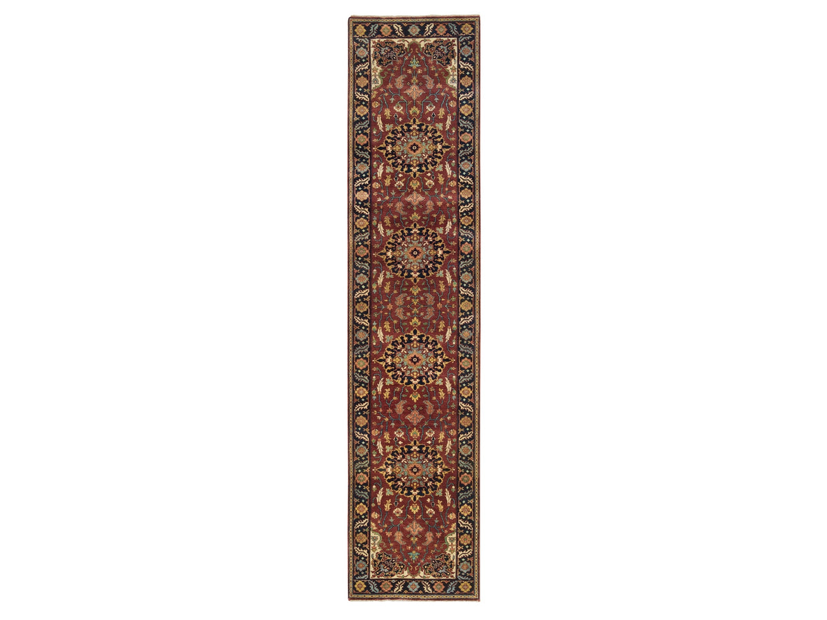 Sarouk Heriz hand-knotted wool runner in Red & Navy Blue, 2'8" x 12' — SKU O065471