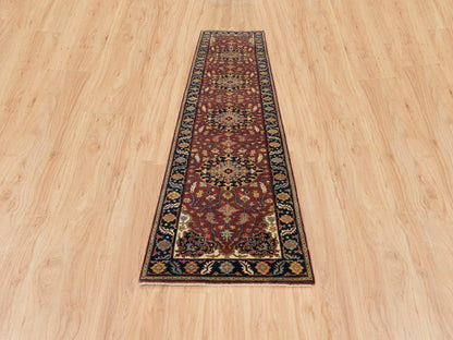 Sarouk Heriz hand-knotted wool runner in Red & Navy Blue, 2'8" x 12' — SKU O065471 (view 2)