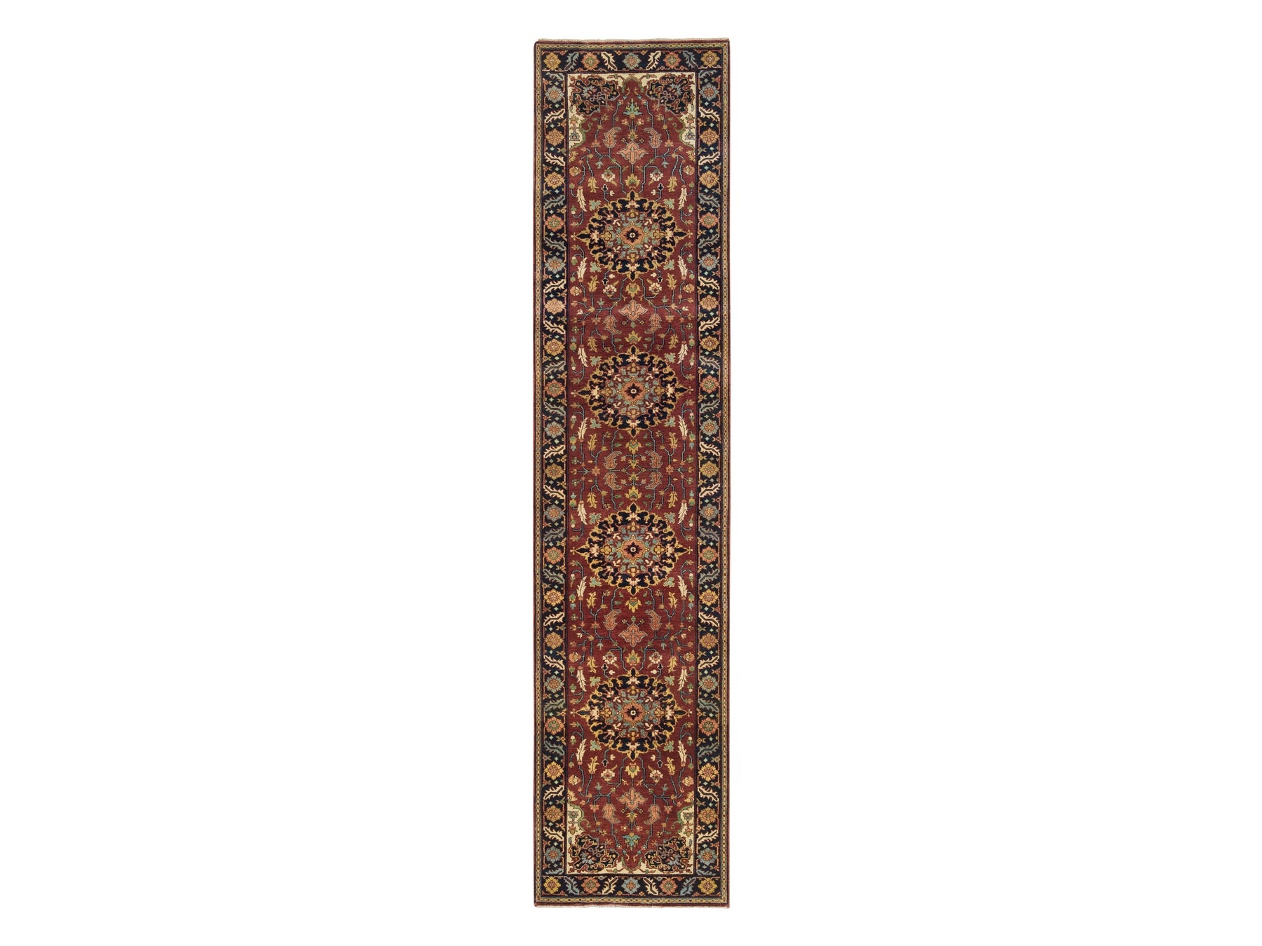 Sarouk Heriz hand-knotted wool runner in Red & Navy Blue, 2'7" x 12' — SKU O065473
