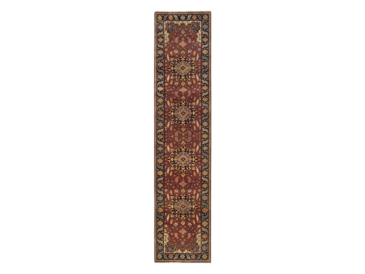 Sarouk Heriz hand-knotted wool runner in Red & Navy Blue, 2'7" x 12' — SKU O065473