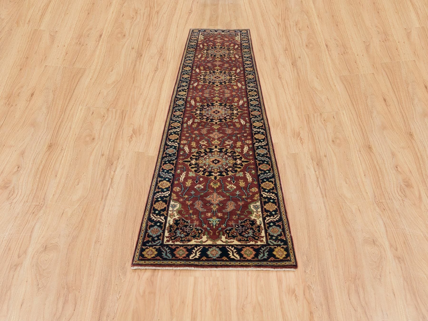 Sarouk Heriz hand-knotted wool runner in Red & Navy Blue, 2'7" x 12' — SKU O065473 (view 2)