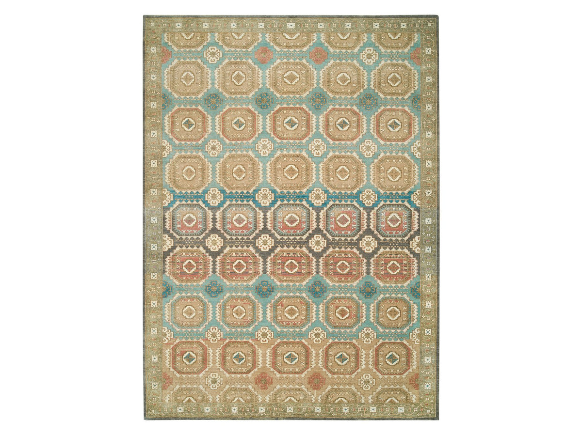 Transitional hand-knotted wool rug in Green & Olive Green, 10' x 14' — SKU O065539